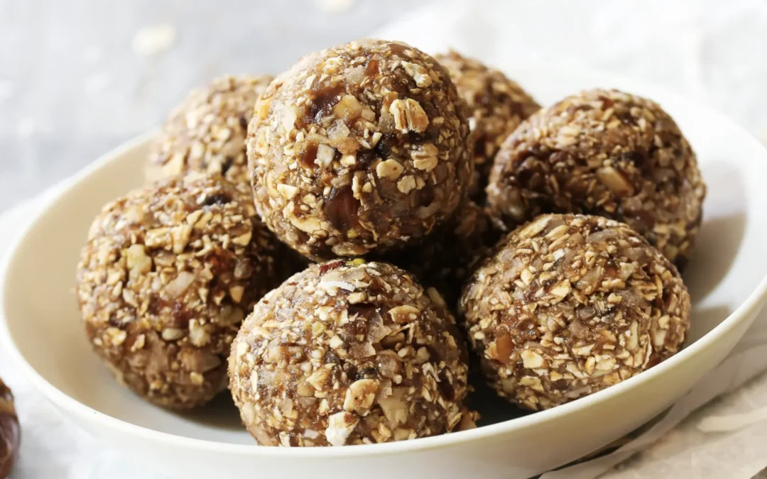 no bake cookies or energy bites, 5 of them in a white bowl