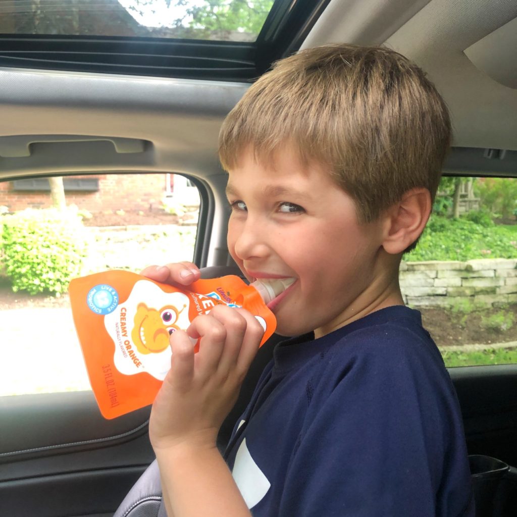 Boy drinking probugs lifeway drink in car