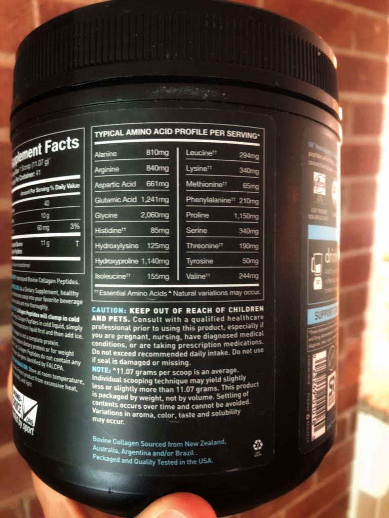 collagen powder food label showing all amino acids