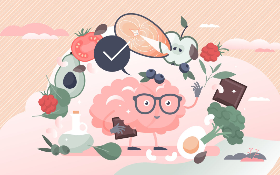 illustration of a brain with a face and glasses surrounded by foods that improve mental health