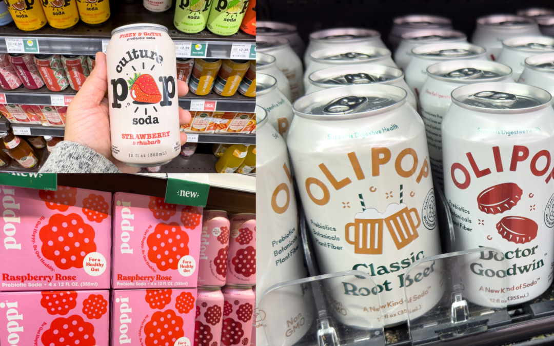 collage of Ollipop, Culture Pop, and Poppi on the grocery store shelves