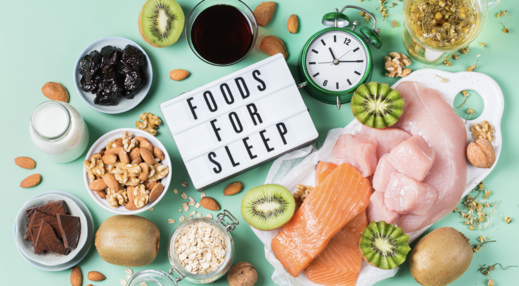 foods for sleep showing chicken, salmon, oats, kiwi, and dried prunes