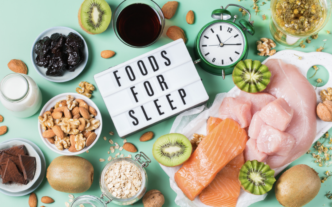 foods for sleep including chicken, salmon, kiwi, whole grains