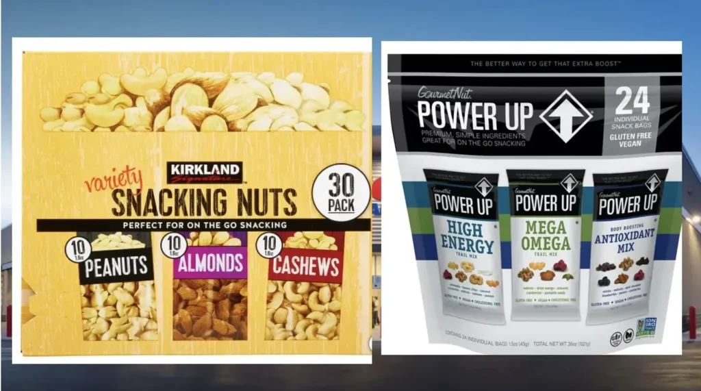 variety pack of snacking nuts from costco and power up trail mix package