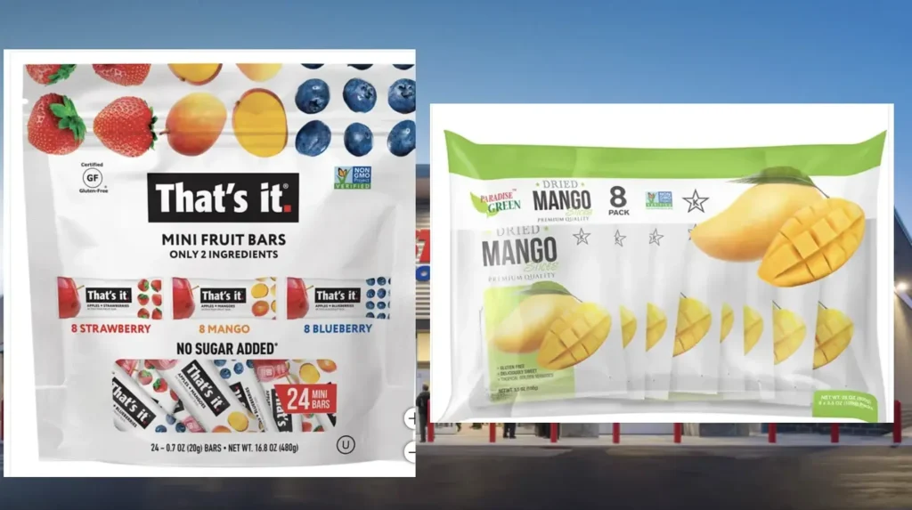 package of that's it mini fruit bars and dried mango packages
