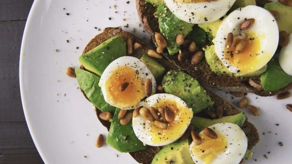 hard-boiled eggs on toast with avocado and pine nuts
