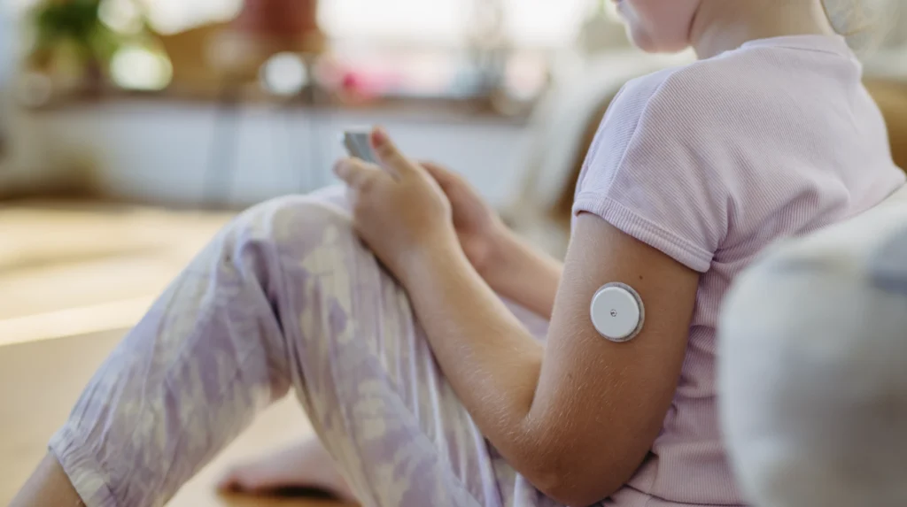 woman on her phone with a CGM on her bicep
