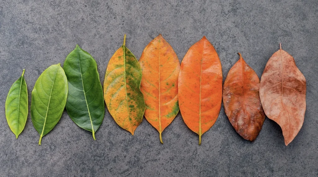 leaves lined up from green to orange to red demonstrating aging
