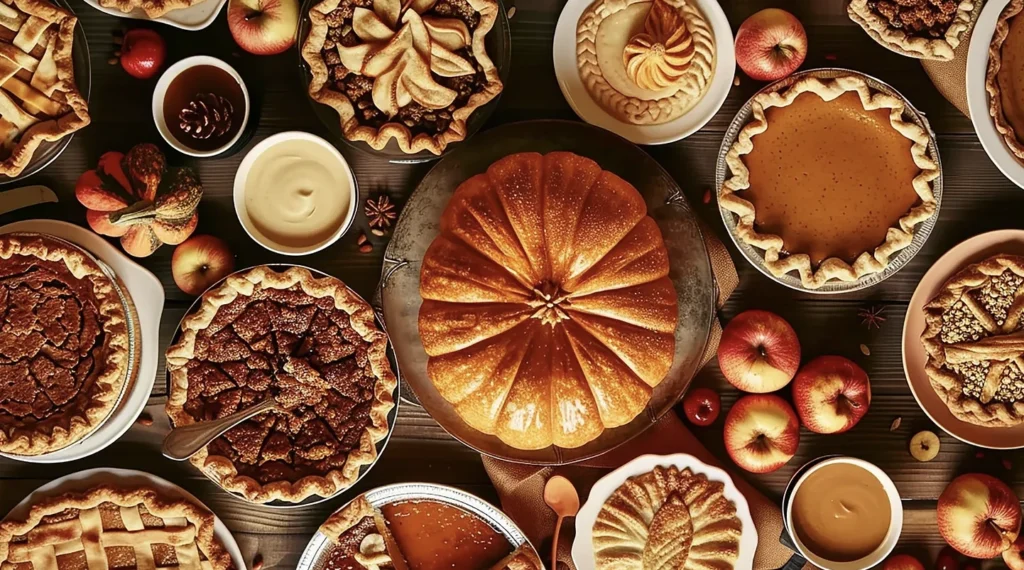 overhead picture of a thanksgiving meal with pumpkins and pie 