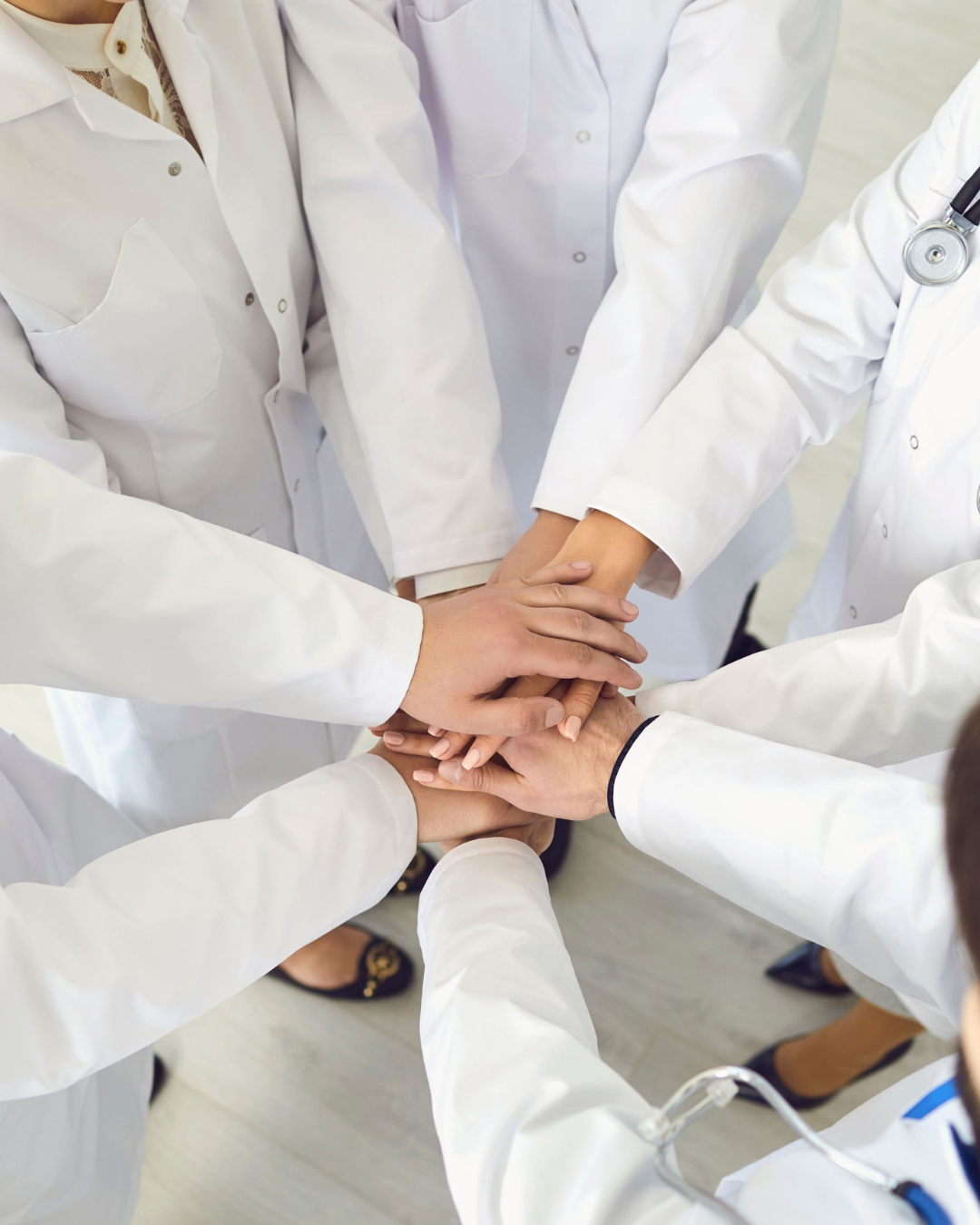 Untitled design (2) a group of 7 people sitting around a table toasting fruit drinks with a bowl of fruit on the table